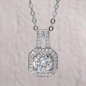 Certified 2ct. t.w. Moissanite Diamond Square Halo Pendant Necklace NEW